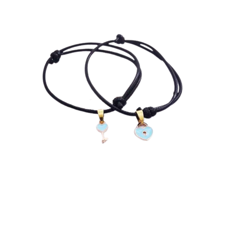 Bracelet Couple Clef Cadenas Coeur Bleu