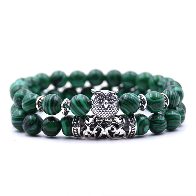 Bracelet Couple Perle Vert et Noir Hibou