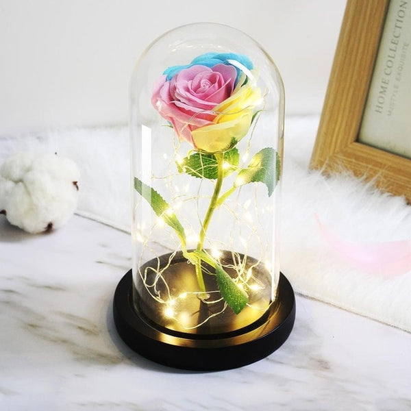 rose eternelle led sous cloche multicolore