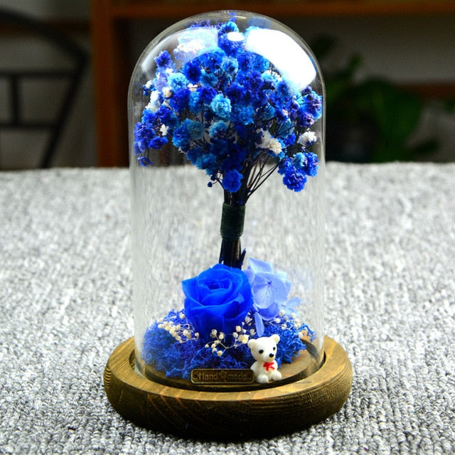 rose eternelle naturel sous cloche bleue