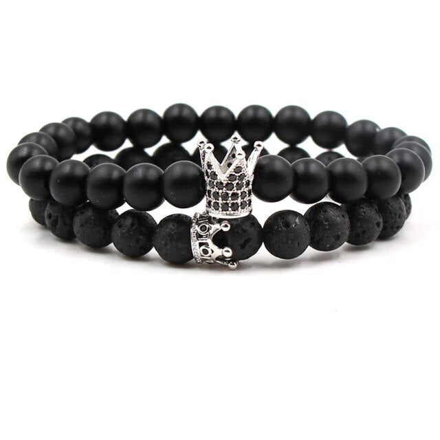 Bracelet Couple Perle Noir Couronne Argentée