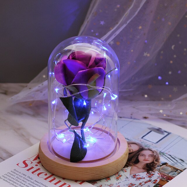 rose eternelle sous cloche violette lumiere