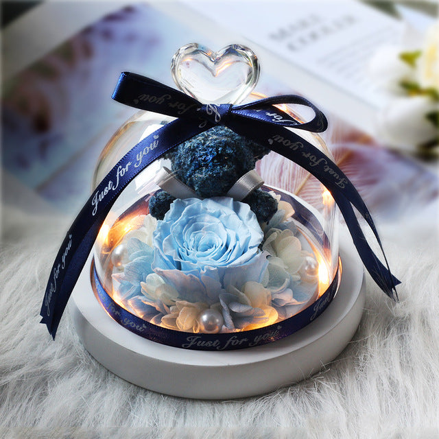 rose eternelle sous cloche ourson bleu