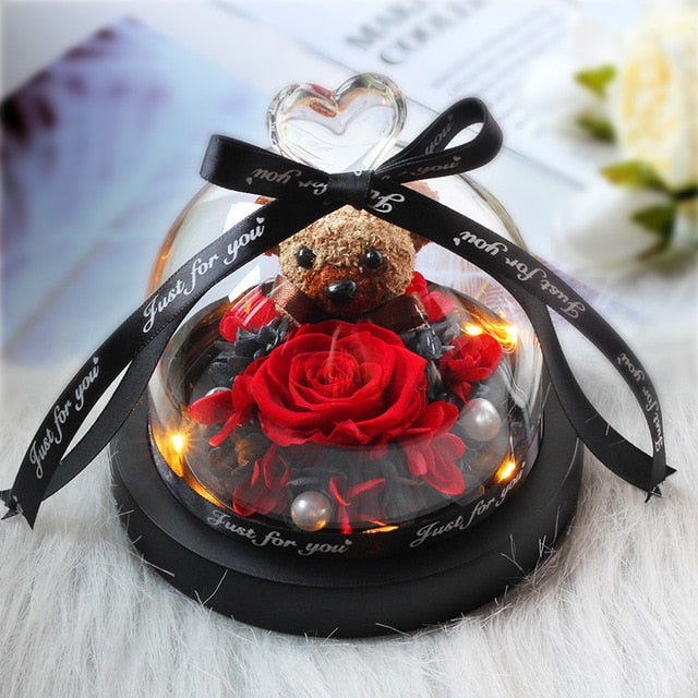 rose eternelle sous cloche ourson marron