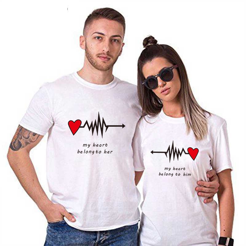 T-shirt Couple Battement de Cœur Blanc