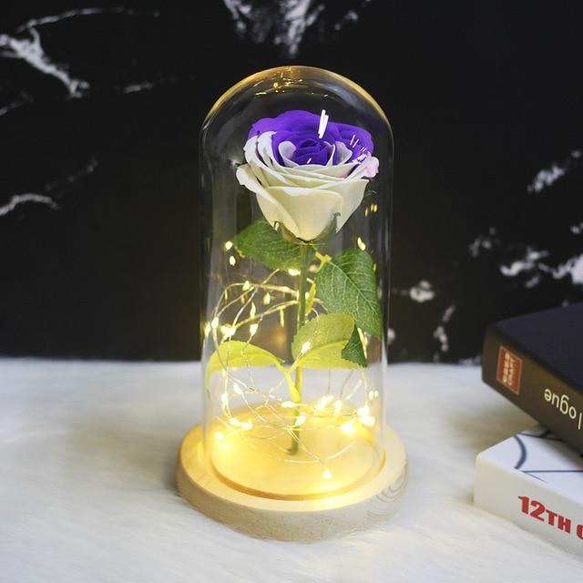 Rose Éternelle lumineuse sous Cloche Violet | Royaume Éternel
